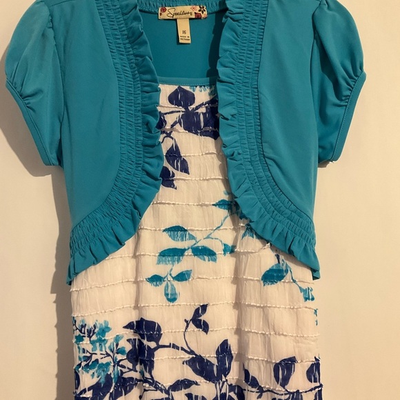 Speechless Dress Turquoise White 16 Girls Floral Ruffle Tiers Bolera Short Sleev - Picture 2 of 11